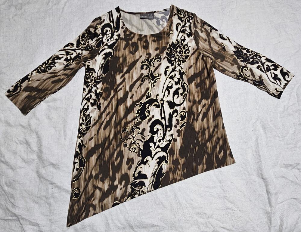 Chico's Travelers Asymmetric Tunic Top Size 2 L Brown Animal Gold Shimmer Blouse